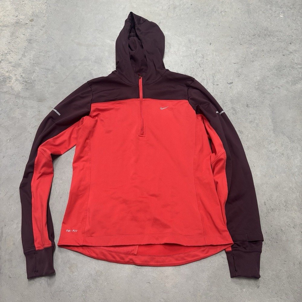 Nike Women's Running Long Sleeve Dri-Fit Top Hooded Red Sz Medium Thumb Holes‎
